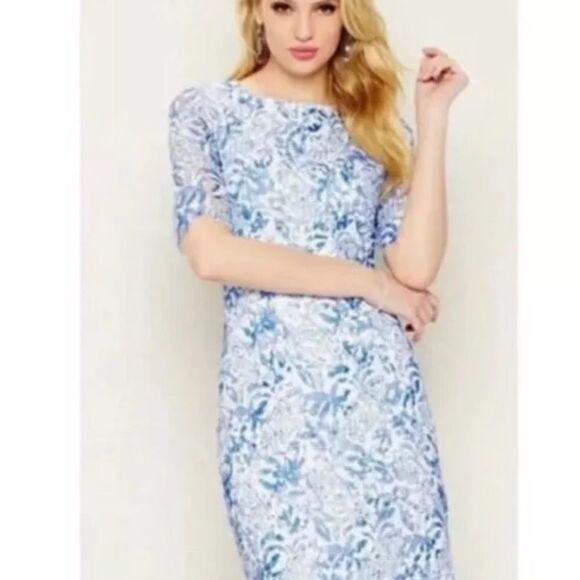 ANTONIO MELANI Dresses & Skirts - Antonio Melani Midi Elegant Blue and White Embroidered Sheath Lace Dress Size 8